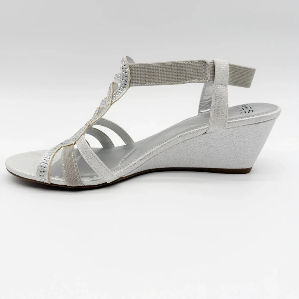 Jones New York Denice Strappy Bling Wedge Sandals Elastic Ankle Silver 7.5 NEW